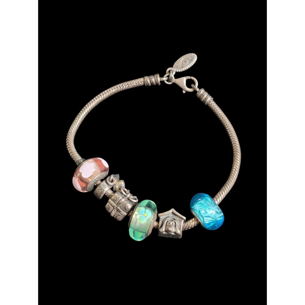 Pandora Sterling Silver Charm Bracelet Murano Glass Dog House Gift Suitcase Tag